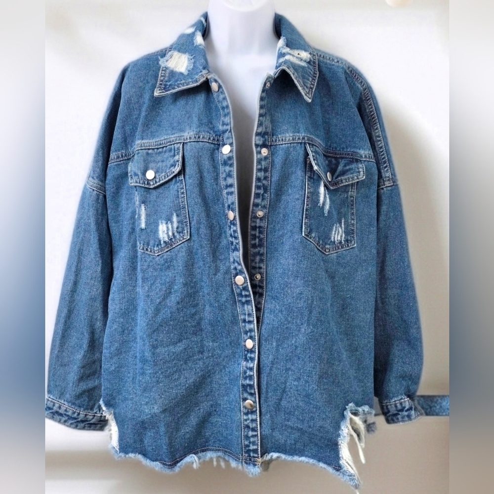 NWT Redial Premium Let's Rock and Roll Distressed Denim Shacket M